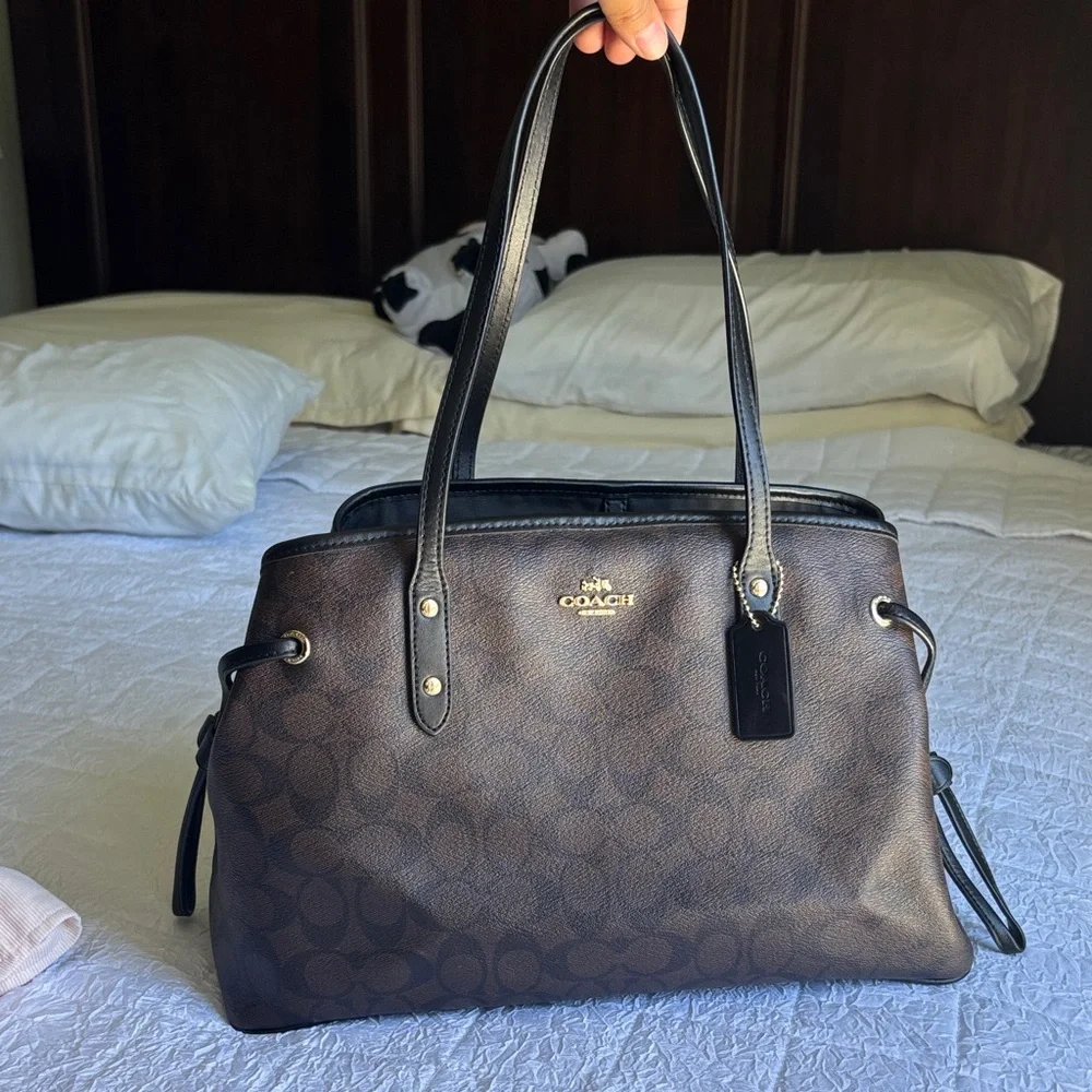 Coach Dark Brown Signature Canvas Tote with Black Trim - Gold clasp